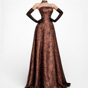Vintage Brown Floral Beaded Strapless Fit Flared Mesh Maxi Formal Prom Dress M